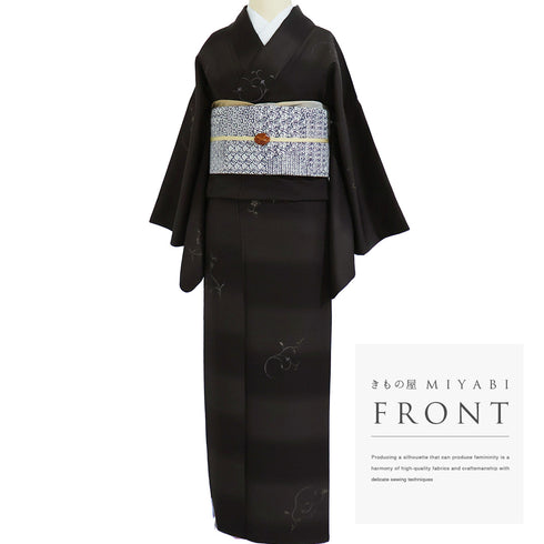 小紋 リサイクル 身丈161.7cm 裄64.8cm 袷 ミシン刺繍 織段ボカシ柄 ブラウン Lサイズ お洒落 カジュアル 正絹 広衿 Sランク