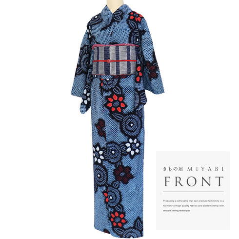 浴衣 リサイクル 夏着物 身丈157.8cm 裄64.4cm 夏物 花柄 有松鳴海本絞り ブルー Mサイズ カジュアル 木綿 洗える着物 バチ衿 Sランク