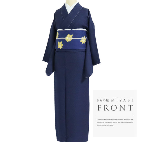 小紋 リサイクル 身丈151.8cm 裄65.4cm 袷 市松に葡萄柄 地紋 ブルー Sサイズ お洒落 正絹 広衿 Sランク