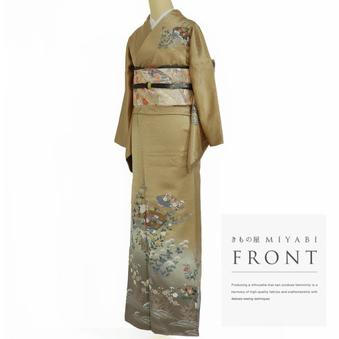 訪問着 リサイクル 身丈167.3cm 裄68.2cm 袷 地紋 金彩秋草模様 刺繍 ブラウン LLサイズ セミフォーマル 正絹 広衿 Sランク