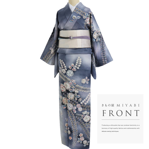 リサイクル 身丈159.5cm 裄66cm 袷 辻ヶ花 ぼかし ブルー Mサイズ お洒落 落款 正絹 広衿 Sランク