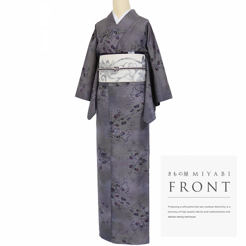 紬 リサイクル 身丈159cm 裄63.4cm 袷 草木柄 パープル Mサイズ カジュアル お洒落 正絹 広衿 Aランク