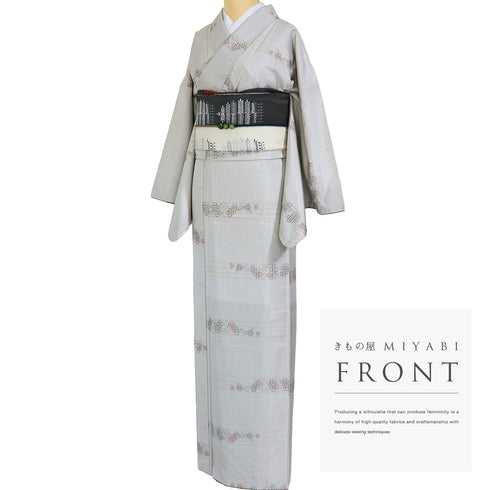 紬 リサイクル 身丈171cm 裄69.6cm 袷 ゆったり 小花柄 刺繍 アイボリー LLサイズ お洒落 しつけ糸 正絹 広衿 Sランク