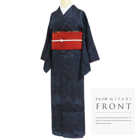 付下げ リサイクル 袷 付下げ小紋柄 紅型調柄 ネイビー 規格外サイズ お洒落 正絹 広衿