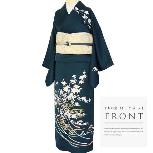 付下げ リサイクル 身丈156.7cm 裄62.6cm 袷 椿や花枝模様 箔加工 パールトーン加工 ネイビー Mサイズ フォーマル セミフォーマル 正絹 広衿 Aランク