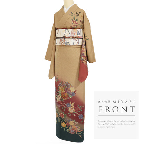 訪問着 リサイクル 身丈161.7cm 裄66.4cm 袷 鼓や扇子や花柄 ブラウン Lサイズ お洒落 セミフォーマル 正絹 広衿 Aランク