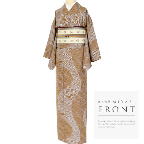 小紋 リサイクル 身丈158.2cm 裄64.4cm 袷 デザイン横縞柄 ブラウン Mサイズ お洒落 カジュアル 正絹 広衿 Sランク