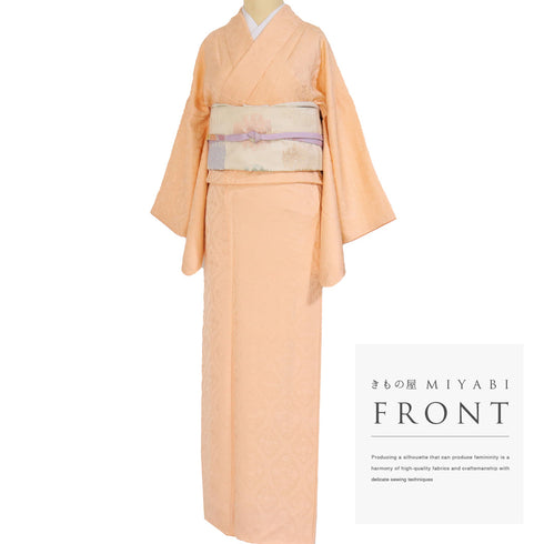 色無地 リサイクル 身丈166.5cm 裄66cm 袷 デザイン菱文様 衿先布付き オレンジ LLサイズ セミフォーマル 正絹 バチ衿 地紋あり Sランク