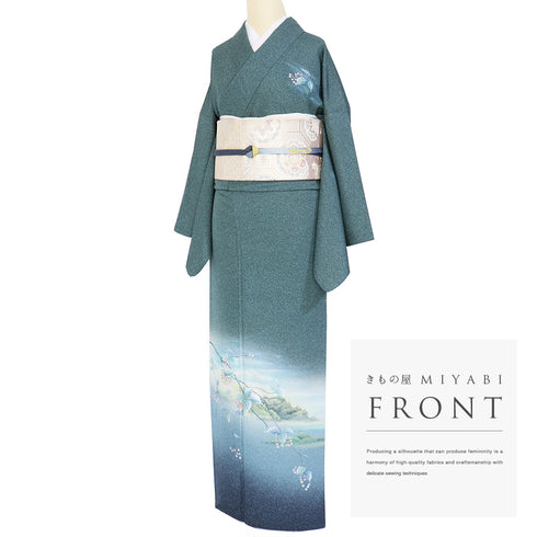 訪問着 リサイクル 身丈161.2cm 裄68.8cm 袷 風景柄 山柄 グリーン Lサイズ お洒落 セミフォーマル 正絹 広衿 Sランク