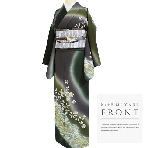 訪問着 リサイクル 身丈157.7cm 裄67.6cm 袷 ぼかしに花柄 金駒刺繍 絞り グリーン Mサイズ お洒落 正絹 広衿 Aランク