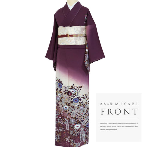 訪問着 リサイクル 身丈161cm 裄64cm 袷 辻ヶ花模様 後絞り 箔加工 松本孝美作 パープル Lサイズ お洒落 落款 しつけ糸 正絹 広衿 Sランク