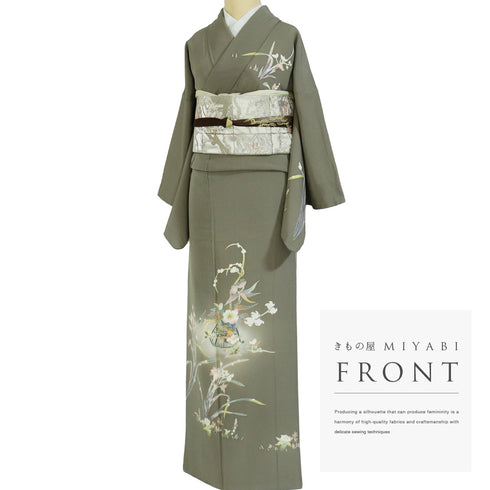 訪問着 リサイクル 身丈155.3cm 裄63.8cm 袷 京加賀友禅 百貫石峰作 パールトーン加工 花籠柄 グレー Sサイズ フォーマル セミフォーマル 一つ紋 正絹 広衿 Sランク