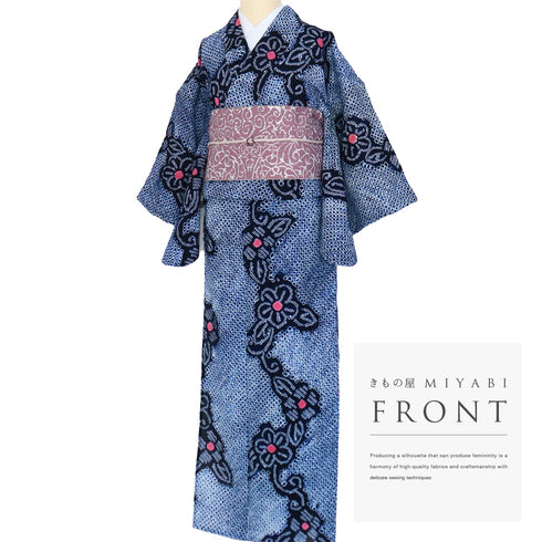 浴衣 リサイクル 夏着物 身丈162.8cm 裄63.2cm 夏物 絞り 花柄 ネイビー Lサイズ カジュアル 木綿 洗える着物 バチ衿 Sランク