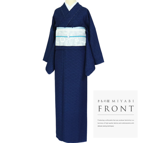 小紋 リサイクル 身丈157.5cm 裄66.4cm 袷 麻の葉柄 藍染 ゆったりサイズ ネイビー Mサイズ お洒落 カジュアル しつけ糸 正絹 広衿 Sランク