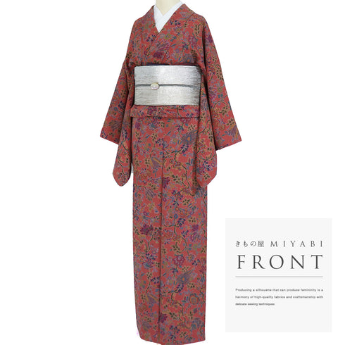 小紋 リサイクル 身丈163cm 裄67.4cm 袷 花唐草柄 ピンク Lサイズ お洒落 カジュアル 正絹 広衿 Sランク