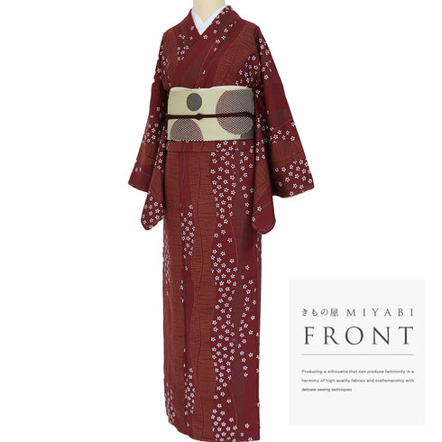 小紋 リサイクル 身丈164cm 裄68cm 袷 既製品 デザイン縦枠柄 小花散らし柄 ヒロミチナカノ レッド Lサイズ お洒落 しつけ糸 正絹 広衿 Sランク