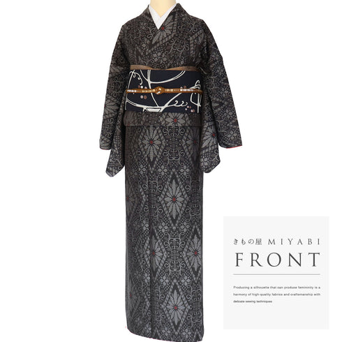 紬 リサイクル 身丈163.3cm 裄66.8cm 袷 花菱模様 ブラック Lサイズ お洒落 お洒落 正絹 広衿 Sランク