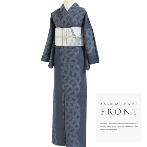 紬 リサイクル 身丈169.8cm 裄68.4cm 単衣 デザイン七宝柄 ゆったりサイズ 結城紬 グレー LLサイズ お洒落 カジュアル 証紙 しつけ糸 正絹 広衿 Sランク