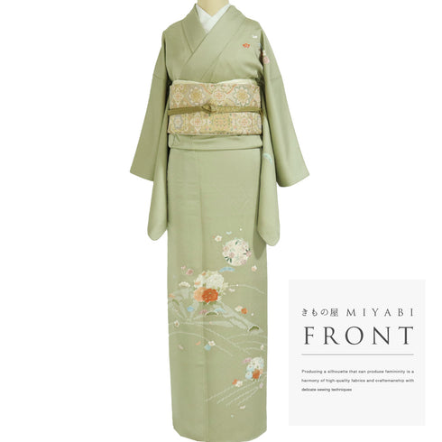 訪問着 リサイクル 身丈166cm 裄66cm 袷 牡丹に菊柄 刺繍 地紋 グリーン LLサイズ フォーマル セミフォーマル 一つ紋 正絹 広衿 Sランク