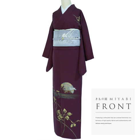 付下げ リサイクル 身丈161.8cm 裄64.8cm 袷 月に波柄 うさぎ柄 刺繍 箔 パープル Lサイズ お洒落 正絹 広衿 Sランク