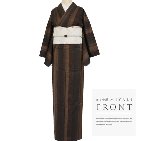 紬 リサイクル 身丈159cm 裄65.2cm 袷 大島紬 縞に一部染め模様 ブラウン Mサイズ カジュアル お洒落 証紙 しつけ糸 正絹 広衿 Sランク