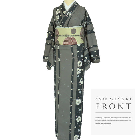 小紋 リサイクル 身丈168.5cm 裄70.2cm 単衣 桜柄 グリーン LLサイズ カジュアル ポリエステル 洗える着物 広衿 Sランク