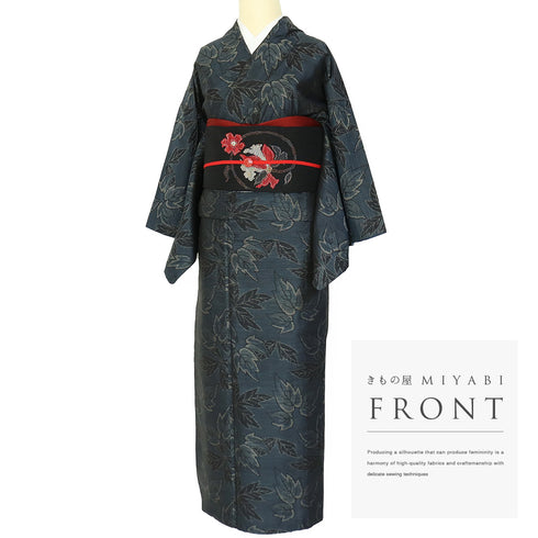 紬 リサイクル 身丈156.8cm 裄63.2cm 袷 葉柄 ネイビー Mサイズ お洒落 カジュアル 正絹 広衿 Sランク