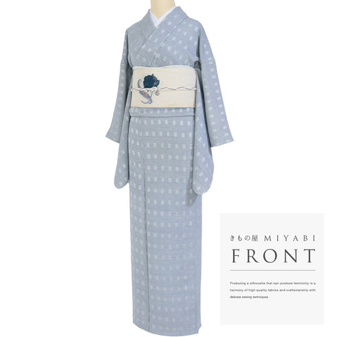 小紋 リサイクル 身丈166cm 裄66cm 単衣 阿波藍 地紋 ブルー LLサイズ お洒落 カジュアル 正絹 広衿 Sランク