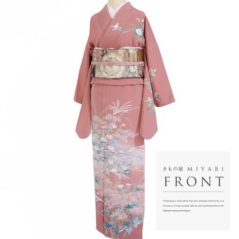 訪問着 リサイクル 身丈158cm 裄64.8cm 袷 四季花柄 ピンク Mサイズ フォーマル 落款 正絹 広衿 Aランク