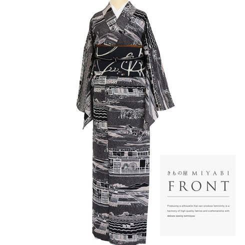 小紋 リサイクル 身丈166cm 裄70.8cm 単衣 和の景色 小原敏 作家物 ブラック LLサイズ お洒落 カジュアル 落款 正絹 広衿 Sランク