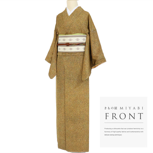 小紋 リサイクル 身丈161.7cm 裄62.4cm 袷 氷割れ柄 たたき イエロー Lサイズ お洒落 カジュアル 正絹 広衿 Aランク