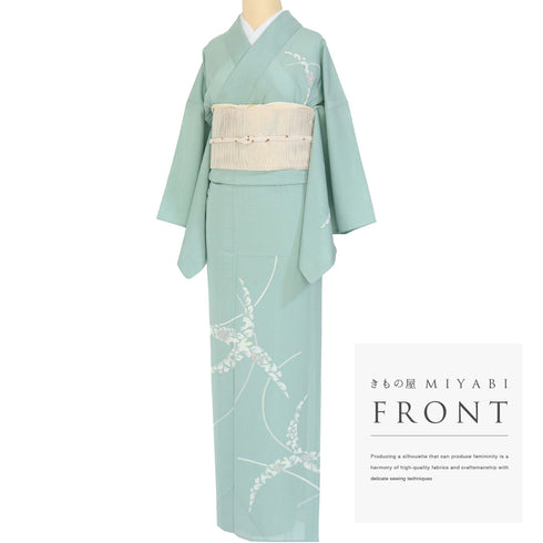 付下げ リサイクル 夏着物 身丈153.2cm 裄65cm 絽 デザイン花柄 グリーン Sサイズ セミフォーマル 一つ紋 正絹 広衿 Aランク