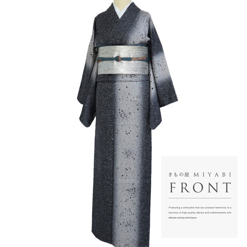 訪問着 リサイクル 身丈159.3cm 裄67.8cm 袷 たたき染め 石田凱宣 ぼかし ネイビー Mサイズ お洒落 落款 しつけ糸 正絹 広衿 Sランク