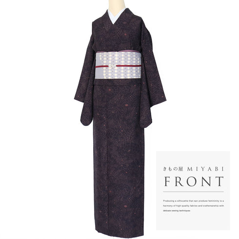 小紋 リサイクル 身丈167cm 裄66.4cm 袷 花柄 パープル LLサイズ お洒落 カジュアル 正絹 広衿 Aランク