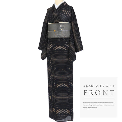 小紋 リサイクル 夏着物 身丈162.5cm 裄66.8cm 夏物 デザイン菱柄 ブラック Lサイズ カジュアル しつけ糸 不明 広衿 Sランク