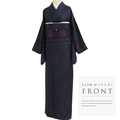 小紋 リサイクル 身丈159.5cm 裄66cm 袷 小花柄 漢方染 菅原結 地紋 ネイビー Mサイズ お洒落 正絹 広衿 Sランク