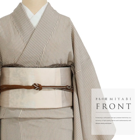 付下げ リサイクル 身丈166.8cm 裄66.2cm 袷 本塩沢 紬 ストライプ 雲取り ベージュ LLサイズ お洒落 正絹 広衿 Sランク