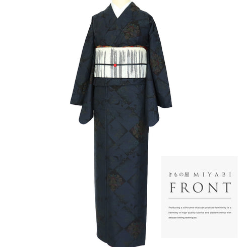 紬 リサイクル 身丈165.5cm 裄68.8cm 袷 花柄 ネイビー LLサイズ お洒落 カジュアル 正絹 広衿 Sランク