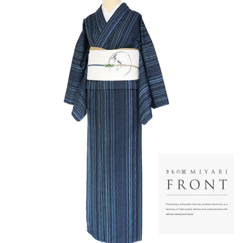 紬 リサイクル 身丈157cm 裄66.4cm 袷 よろけ間道 ネイビー Mサイズ カジュアル お洒落 証紙 しつけ糸 正絹 広衿 Sランク