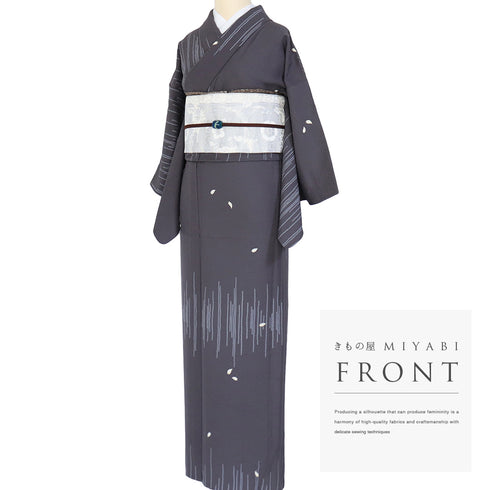 小紋 リサイクル 身丈152.5cm 裄62cm 単衣 鹿子柄に花びら散らし 箔 渡辺雪三郎 グレー Sサイズ お洒落 正絹 広衿 Sランク