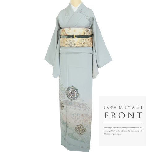 訪問着 リサイクル 身丈159.2cm 裄64.4cm 袷 華文柄 汕頭刺繍 グレー Mサイズ セミフォーマル お洒落 正絹 広衿 Sランク