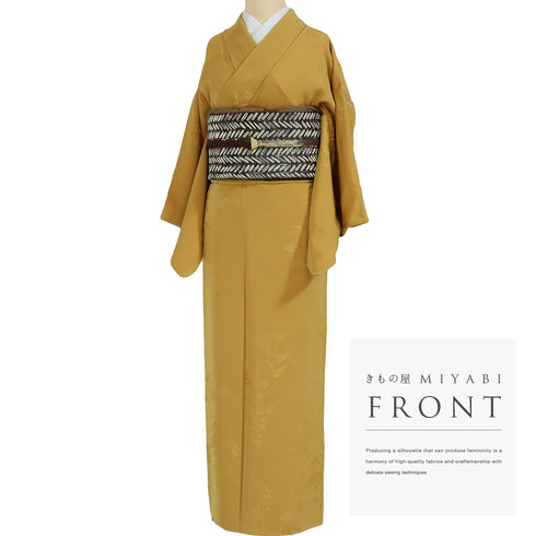 色無地 リサイクル 身丈153.5cm 裄63cm 袷 山に木立柄 イエロー Sサイズ セミフォーマル 一つ紋 正絹 広衿 地紋あり Sランク