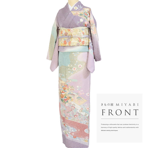 訪問着 リサイクル 身丈165cm 裄66.4cm 袷 松唐菱に菊柄 金駒刺繍 箔 パープル Lサイズ フォーマル セミフォーマル 正絹 広衿 Sランク