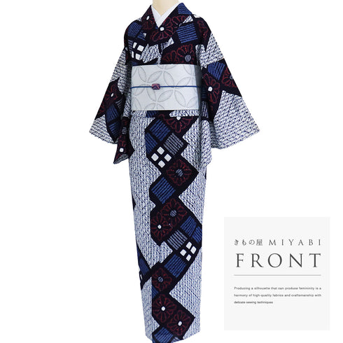 浴衣 リサイクル 夏着物 身丈154.5cm 裄63cm 夏物 菱形模様 絞り ネイビー Sサイズ カジュアル 木綿 洗える着物 バチ衿 Sランク