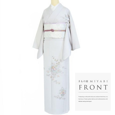 訪問着 リサイクル 身丈158cm 裄64.4cm 袷 花籠柄 刺繍 グレー Mサイズ セミフォーマル お洒落 正絹 広衿 Sランク