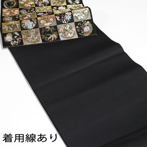 袋帯 リサイクル 帯丈430cm 六通 市松に花や植物柄 刺繍 ゴールド Sサイズ 正絹 Sランク フォーマル セミフォーマル