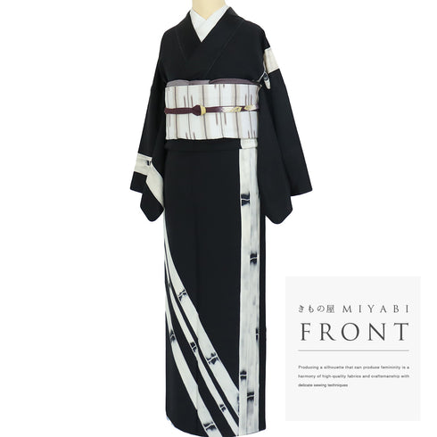 訪問着 リサイクル 身丈154.5cm 裄65.6cm 袷 竹柄 パールトーン加工 ブラック Sサイズ お洒落 正絹 広衿 Aランク