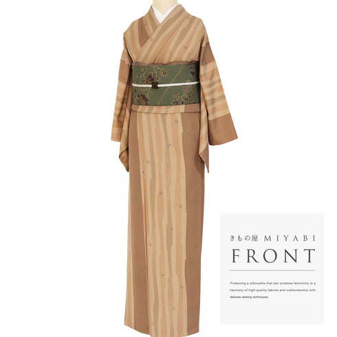 小紋 リサイクル 身丈158.8cm 裄64.4cm 袷 デザイン縞模様 瓢箪柄 ブラウン Mサイズ お洒落 カジュアル 正絹 広衿 Sランク