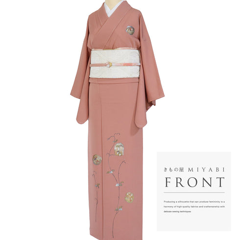 付下げ リサイクル 身丈169cm 裄64.9cm 袷 松梅桔梗 刺繍 箔 金彩 ピンク LLサイズ お洒落 しつけ糸 正絹 広衿 Sランク