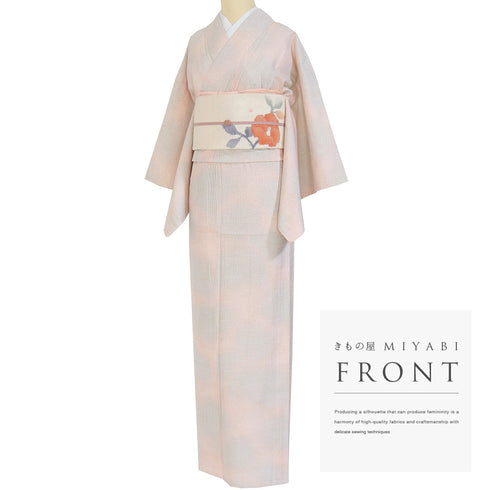 紬 リサイクル 身丈160.7cm 裄62.4cm 単衣 ぼかし柄 ピンク Lサイズ カジュアル お洒落 しつけ糸 正絹 バチ衿 Sランク